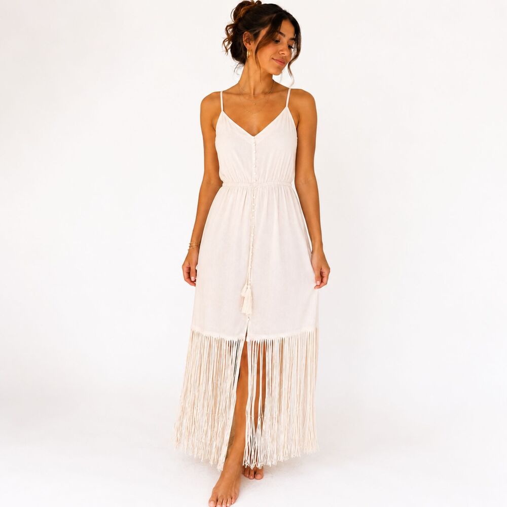 VENUS Fringe Dress Boho Festival Western Coastal Chic Midi Sundress Beachy M
